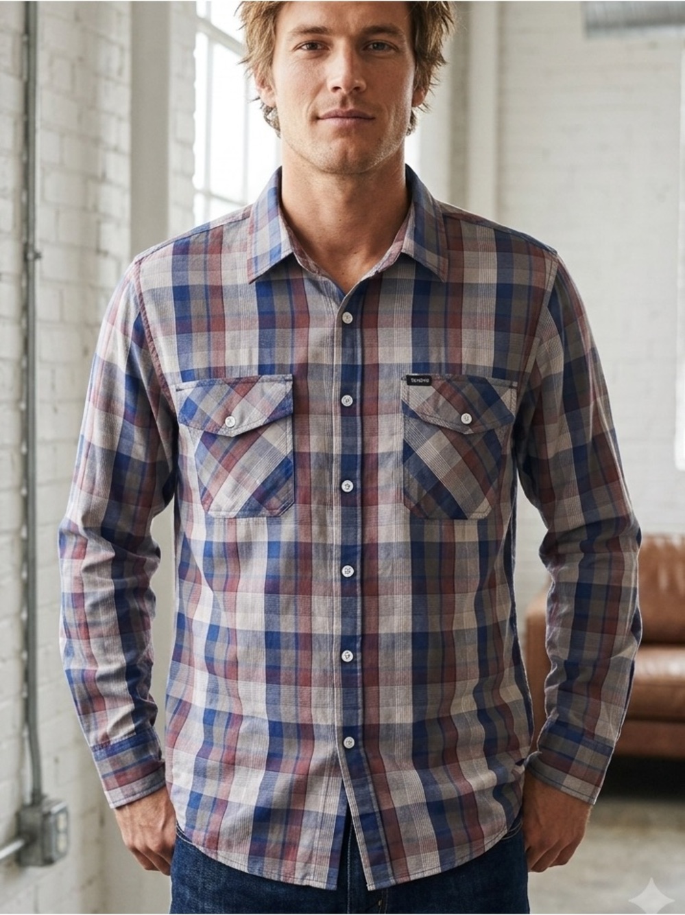 Brixton Blue and Red Plaid Button-Up Shirt EUC